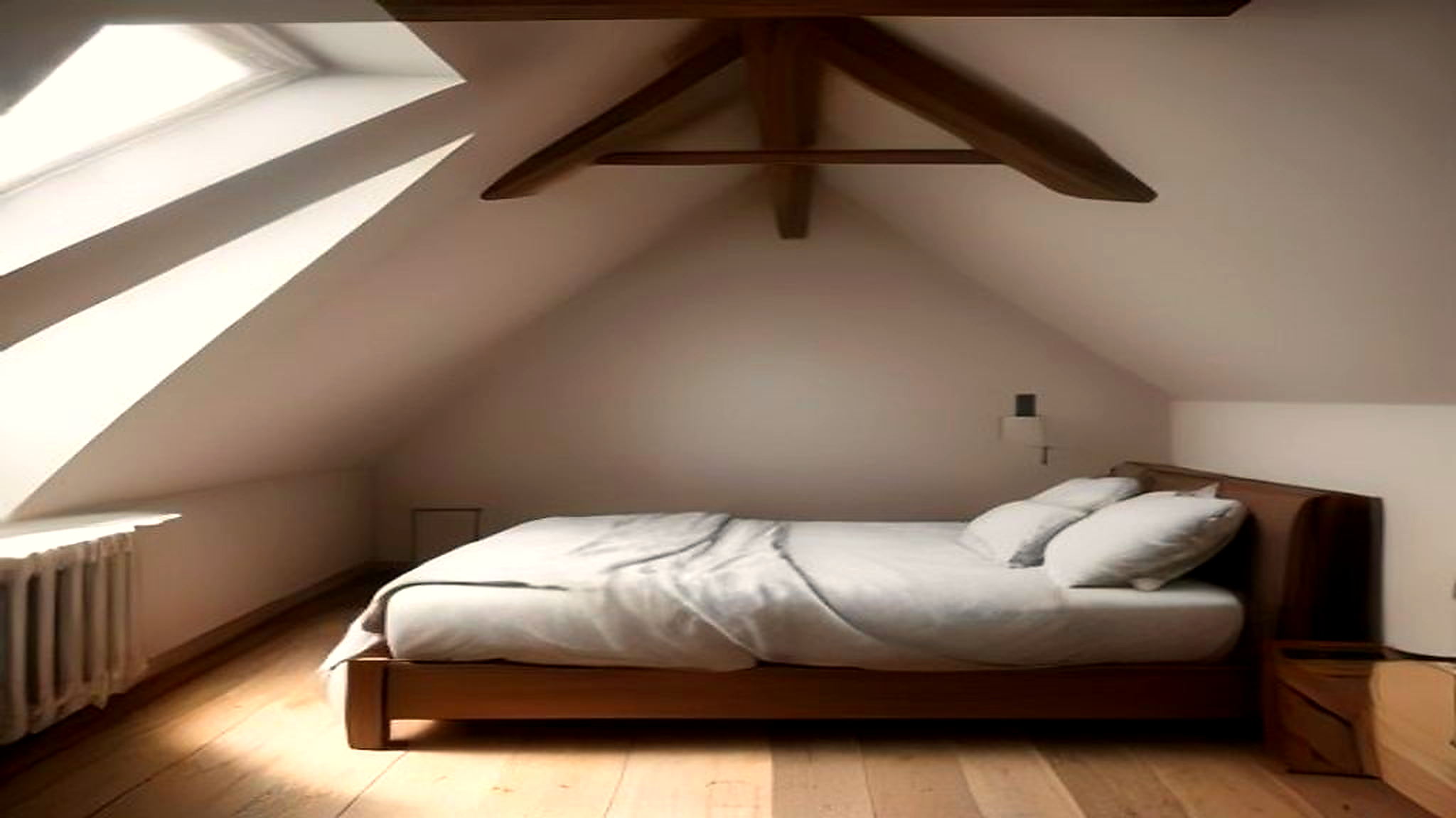 Cozy attic bedroom with a low bed under a sloped ceiling and a skylight